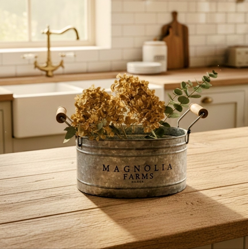 Magnolia Farms Galvanized Tin, Metal Bucket Wood Handles, Joanna Gains